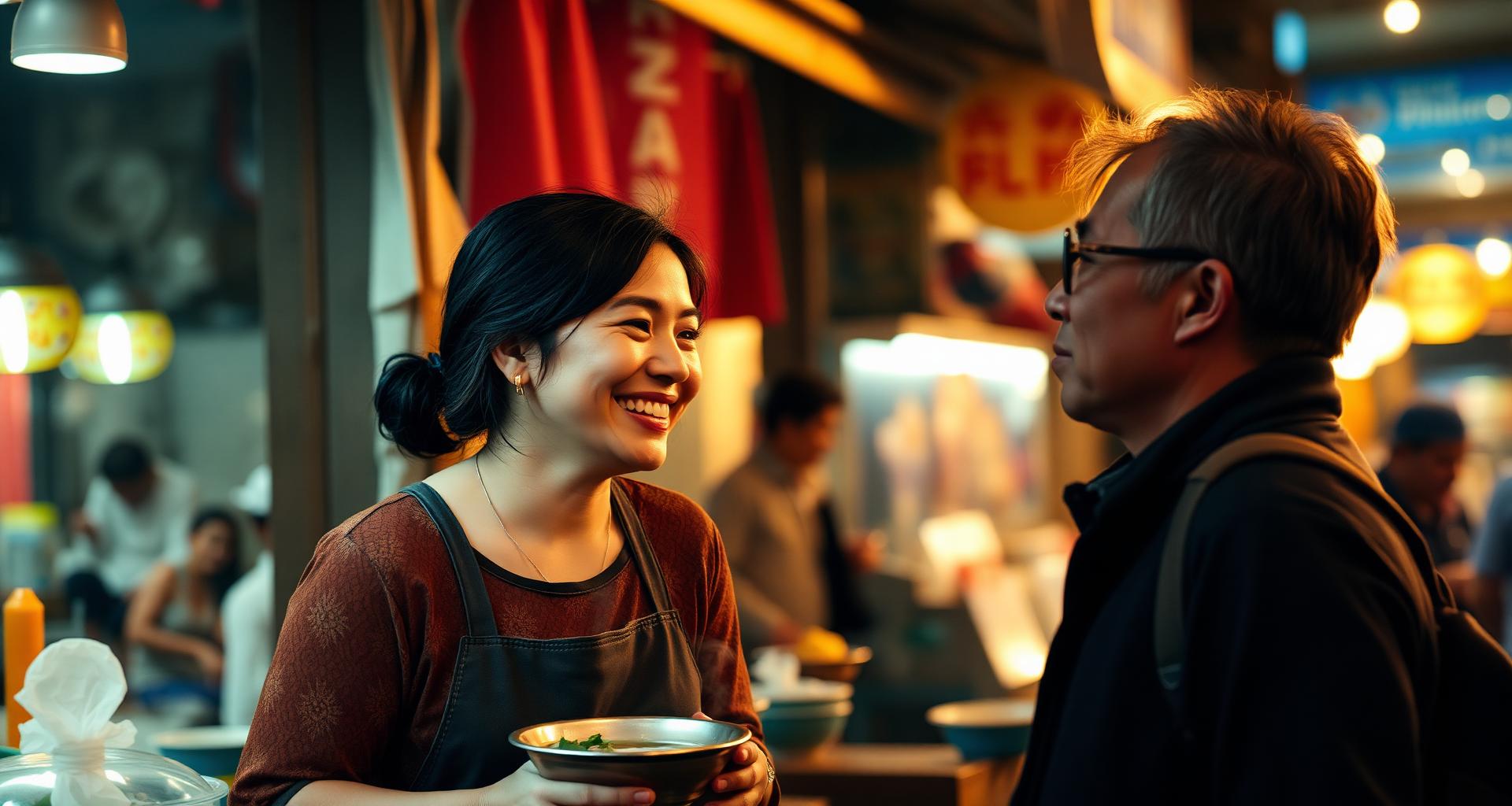 A local vendor and a traveler laughing together at a Southeast Asian street market