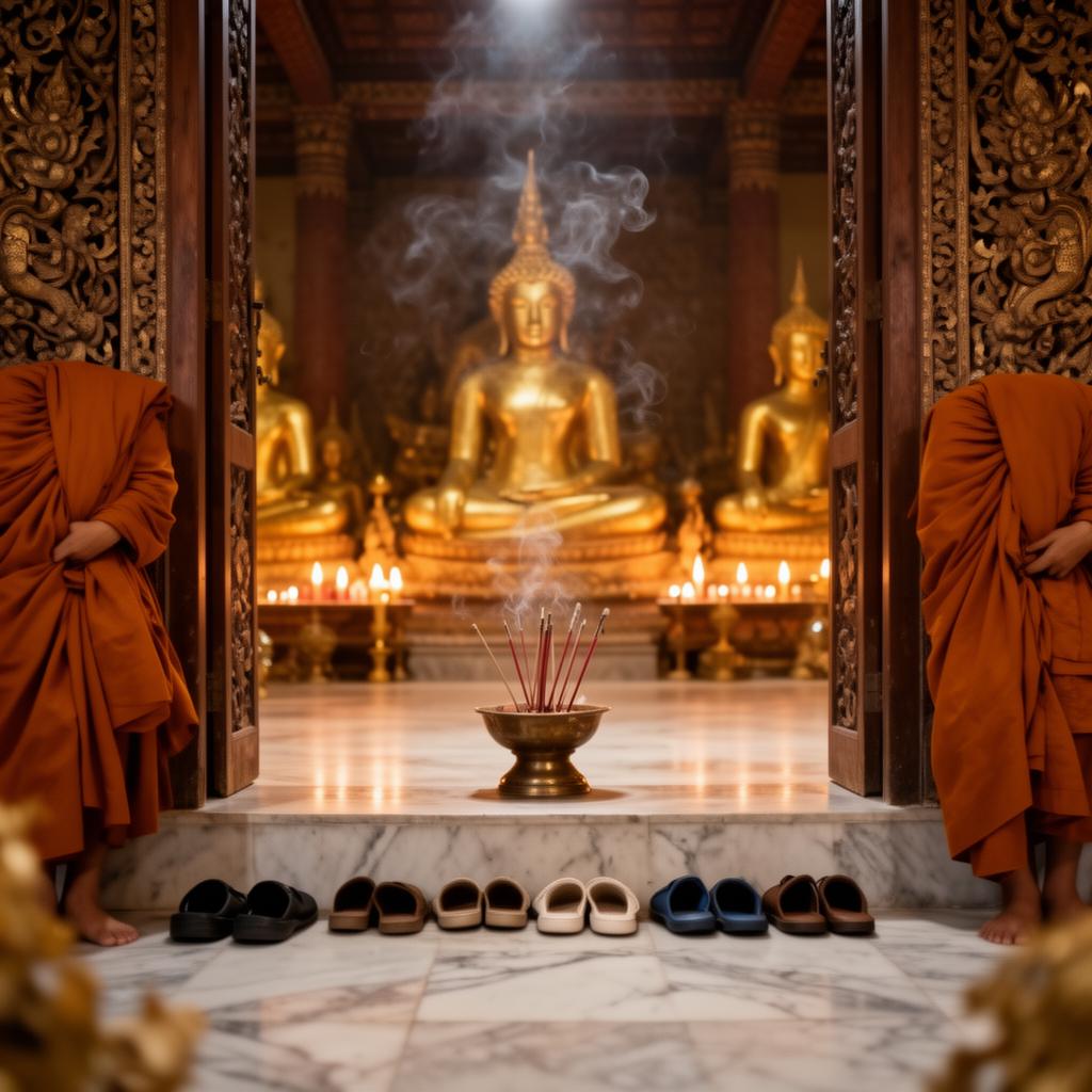 Serene Southeast Asian temple interior with golden Buddha statues and incense smoke